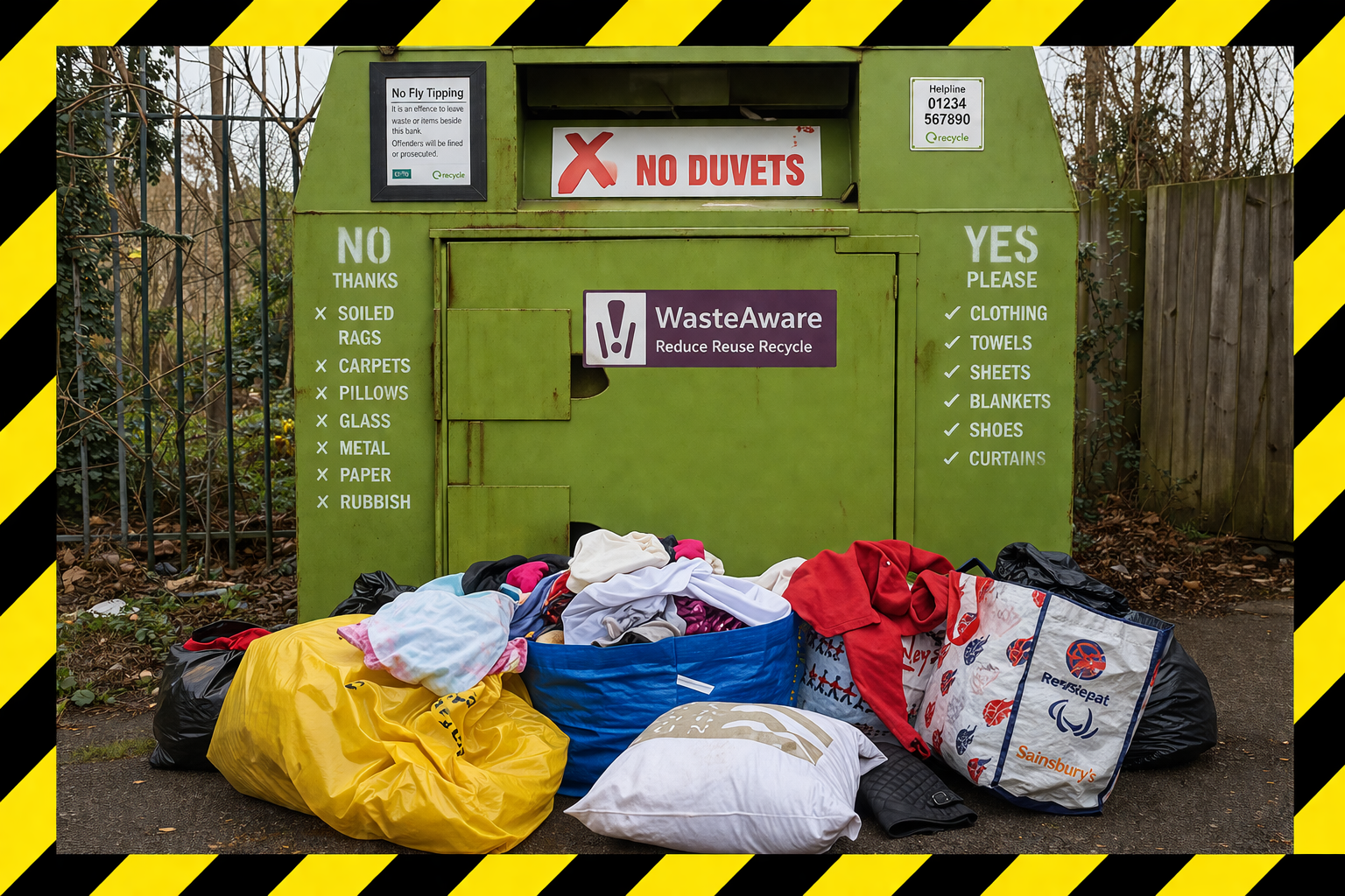 Clothing and bags dumped around a textile recycling bank.